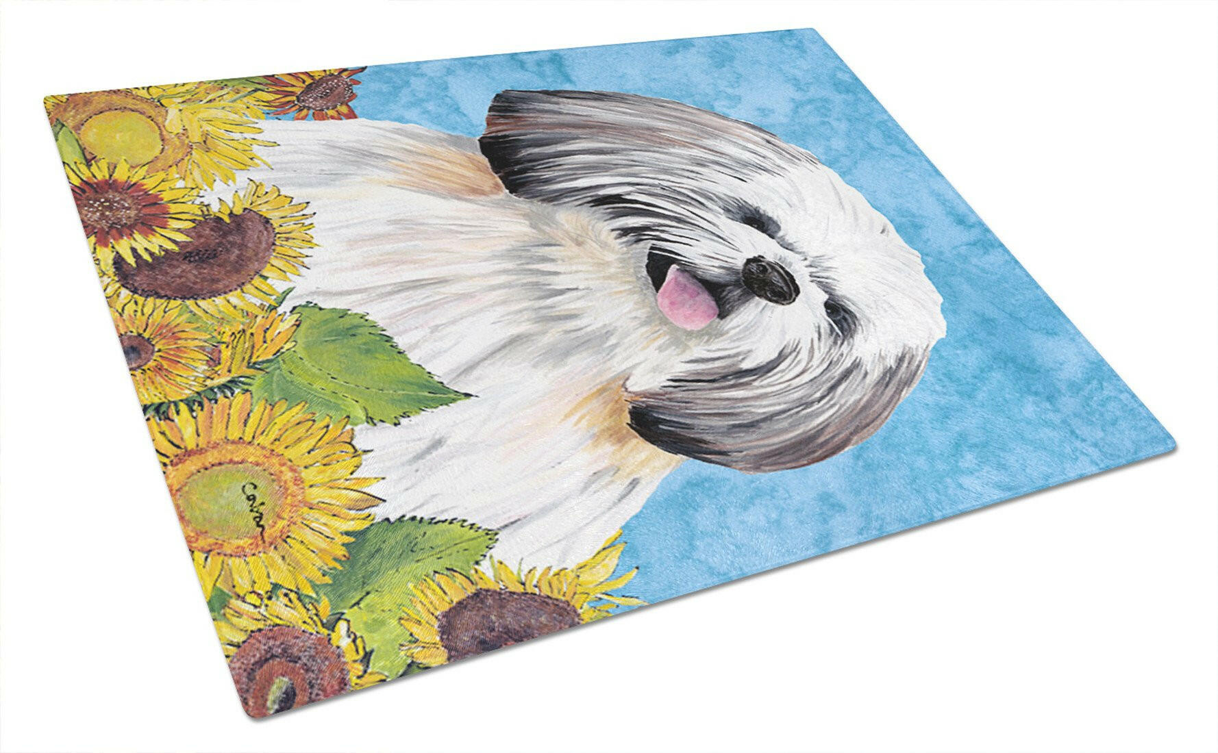 Shih Tzu in Summer Flowers Cutting Board Tempered Glass Kitchen Cutting Surface, Heat Resistant Chopping, Non-Slip Feet, Food Prep & Serving