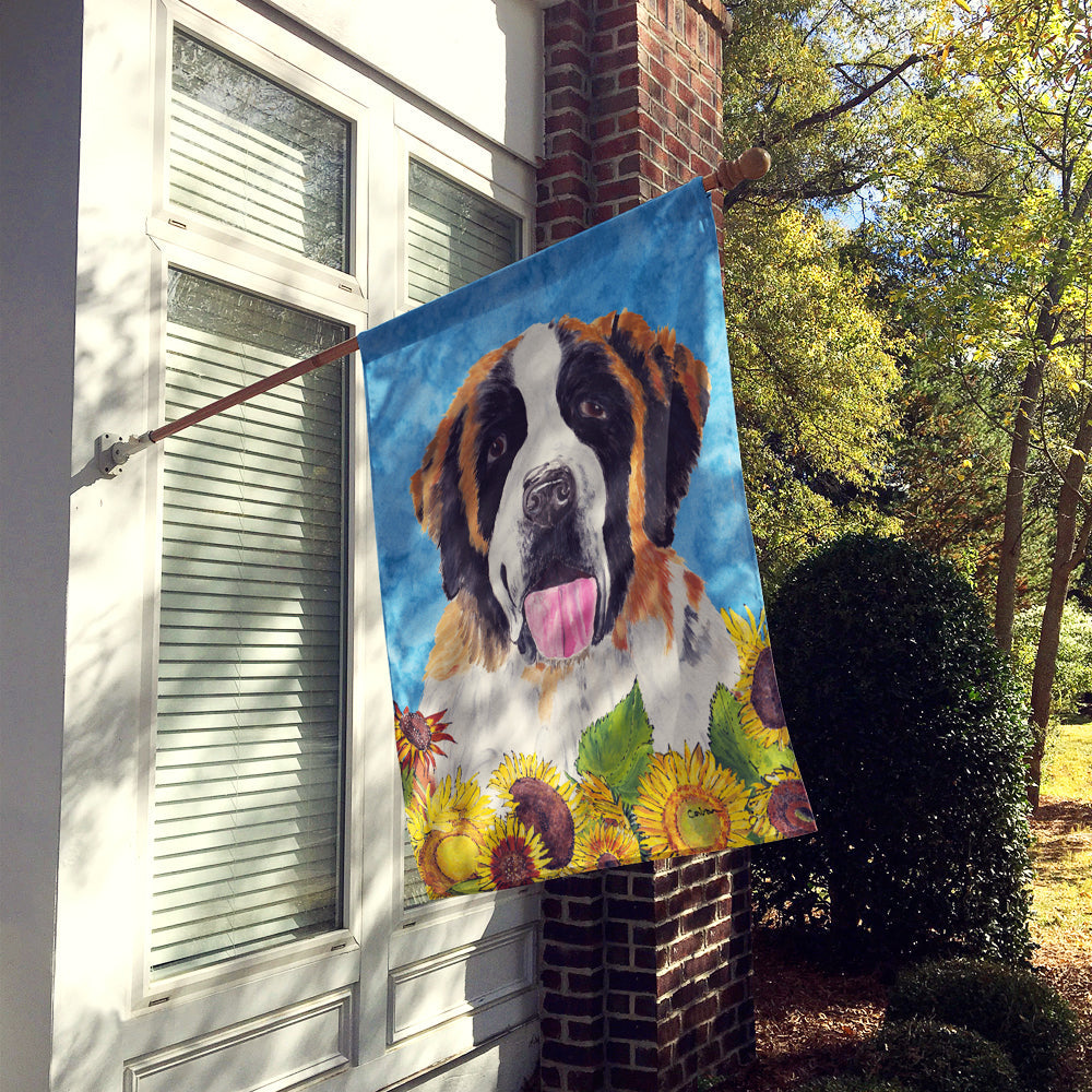 Saint Bernard in Summer Flowers House Flag 28x40 Porch Sleeve Pole Decorative Outside Yard Banner Artwork Wall Hanging, Polyester