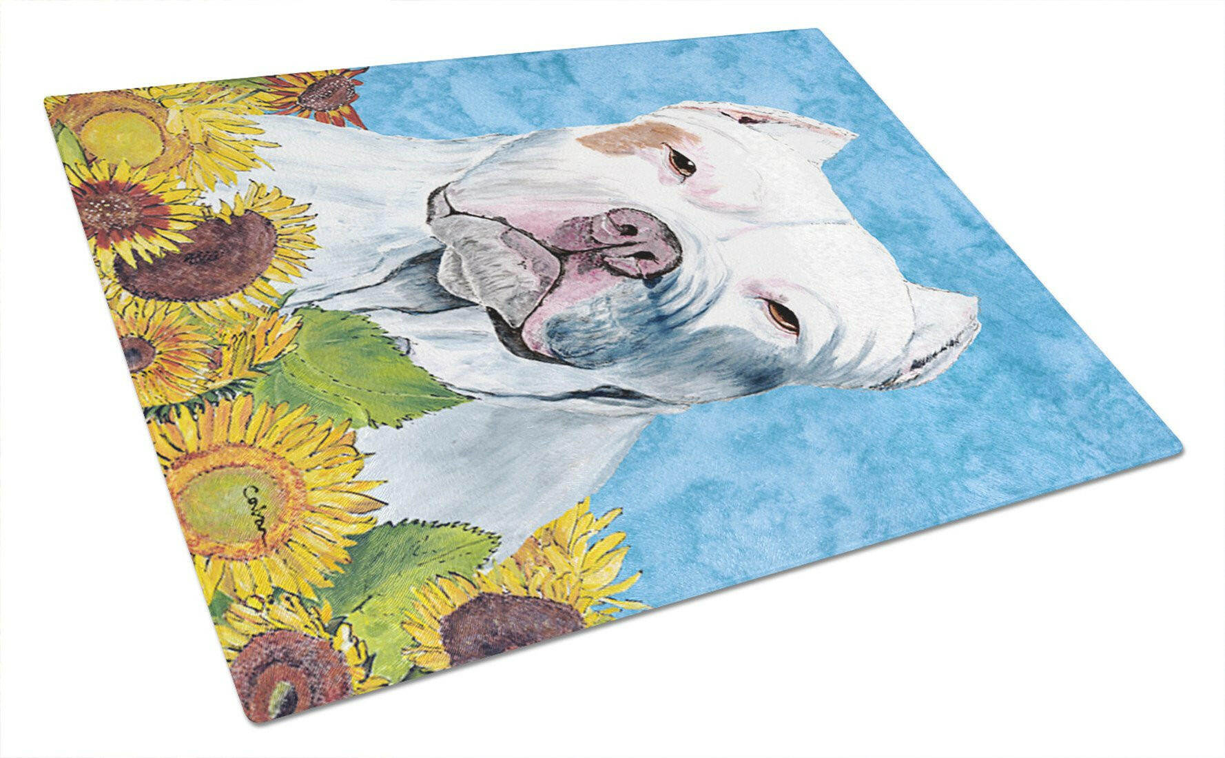 Pit Bull in Summer Flowers Cutting Board Tempered Glass Kitchen Cutting Surface, Heat Resistant Chopping, Non-Slip Feet, Food Prep & Serving
