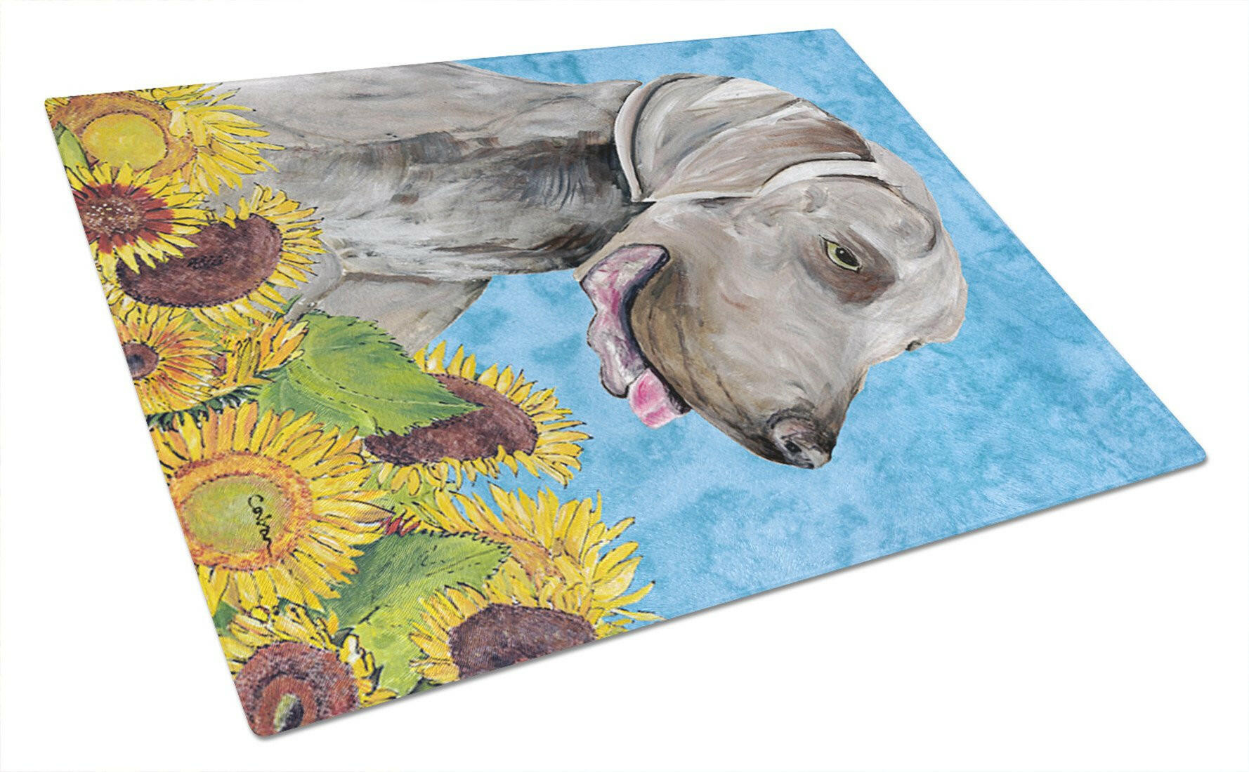 Weimaraner in Summer Flowers Cutting Board Tempered Glass Kitchen Cutting Surface, Heat Resistant Chopping, Non-Slip Feet, Food Prep & Serving