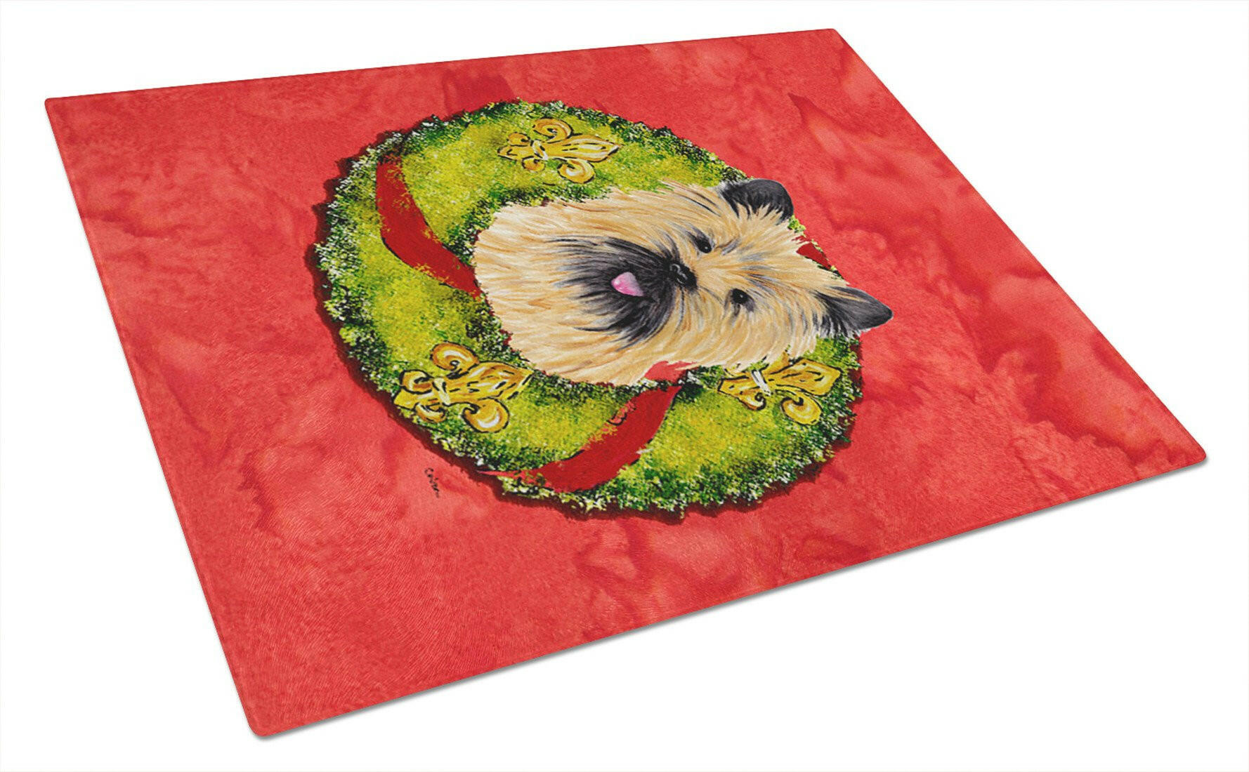 Cairn Terrier Christmas Wreath Cutting Board Tempered Glass Kitchen Cutting Surface, Heat Resistant Chopping, Non-Slip Feet, Food Prep & Serving