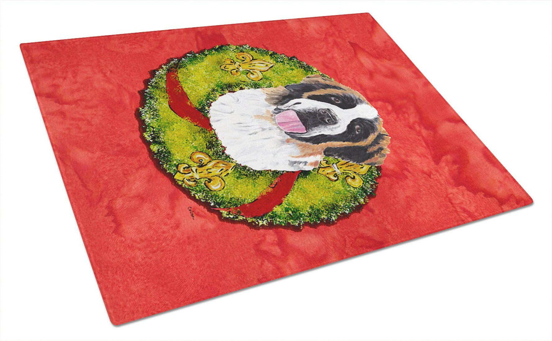 Saint Bernard Christmas Wreath Cutting Board Tempered Glass Kitchen Cutting Surface, Heat Resistant Chopping, Non-Slip Feet, Food Prep & Serving