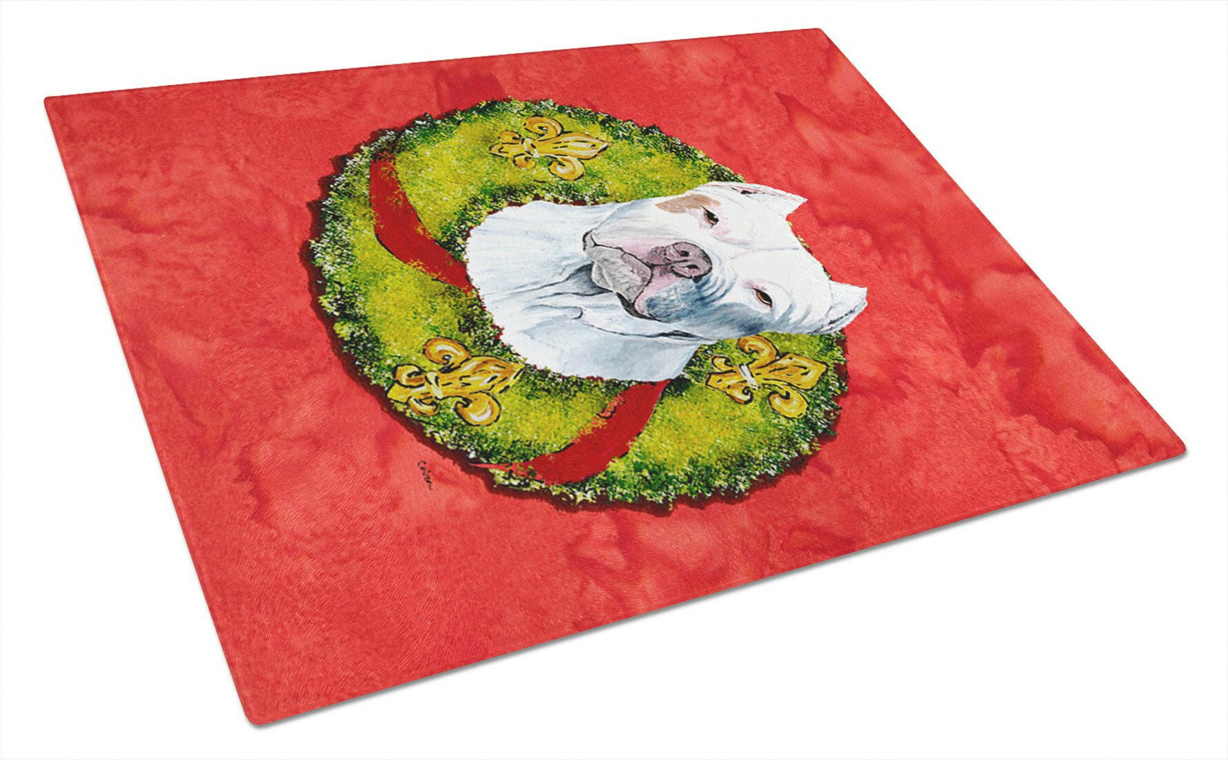 Pit Bull Christmas Wreath Cutting Board Tempered Glass Kitchen Cutting Surface, Heat Resistant Chopping, Non-Slip Feet, Food Prep & Serving