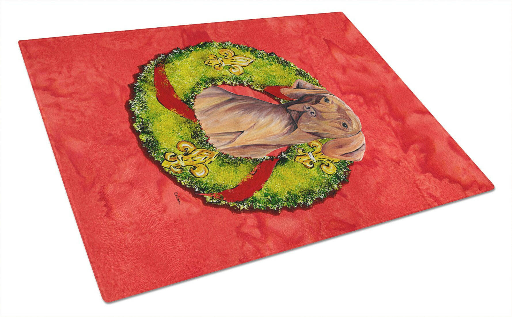 Vizsla Christmas Wreath Cutting Board Tempered Glass Kitchen Cutting Surface, Heat Resistant Chopping, Non-Slip Feet, Food Prep & Serving