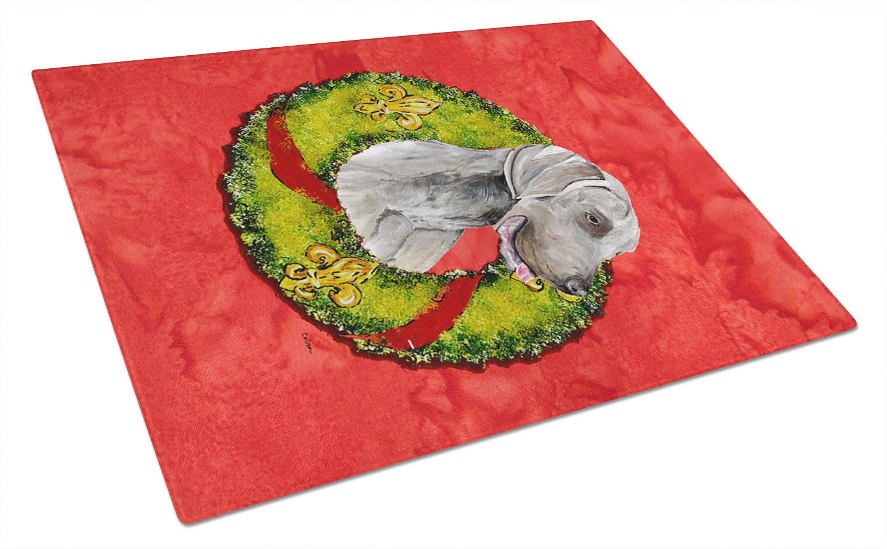 Weimaraner Christmas Wreath Cutting Board Tempered Glass Kitchen Cutting Surface, Heat Resistant Chopping, Non-Slip Feet, Food Prep & Serving