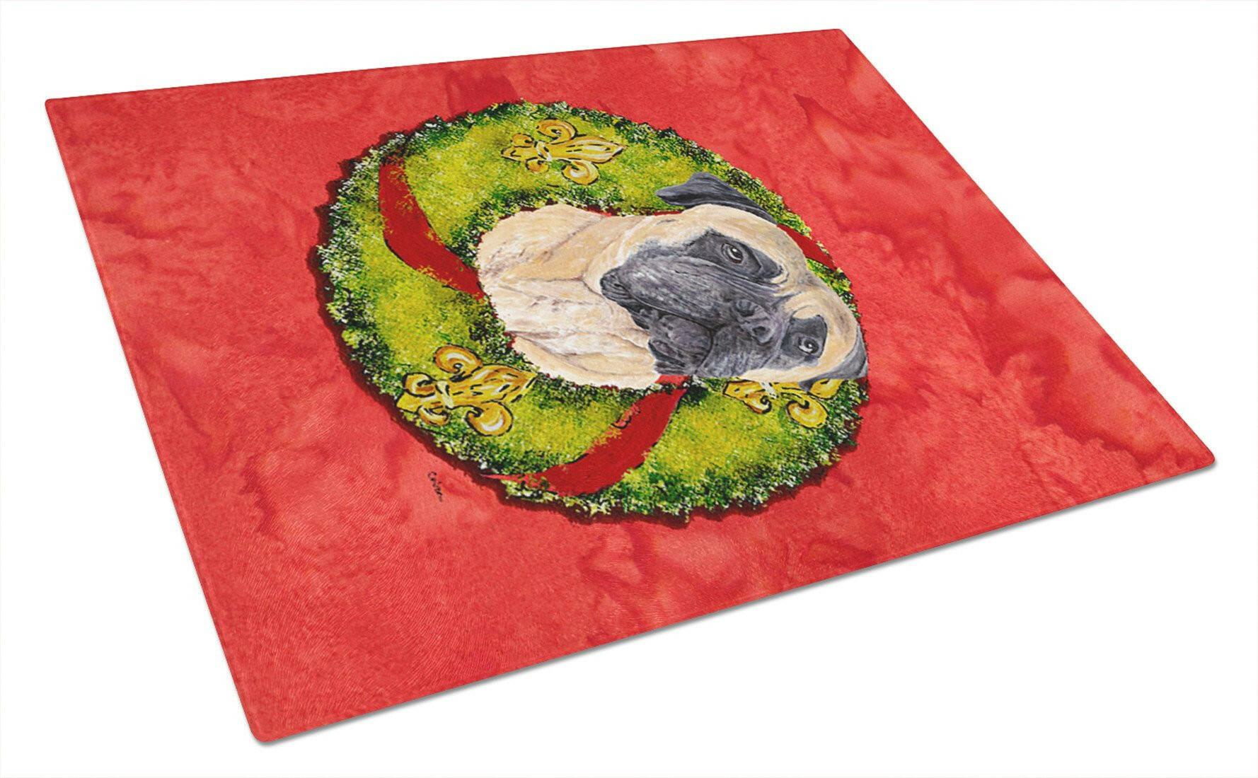 Mastiff Christmas Wreath Cutting Board Tempered Glass Kitchen Cutting Surface, Heat Resistant Chopping, Non-Slip Feet, Food Prep & Serving