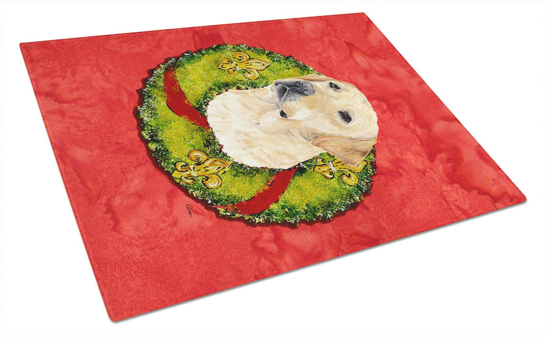Labrador Christmas Wreath Cutting Board Tempered Glass Kitchen Cutting Surface, Heat Resistant Chopping, Non-Slip Feet, Food Prep & Serving