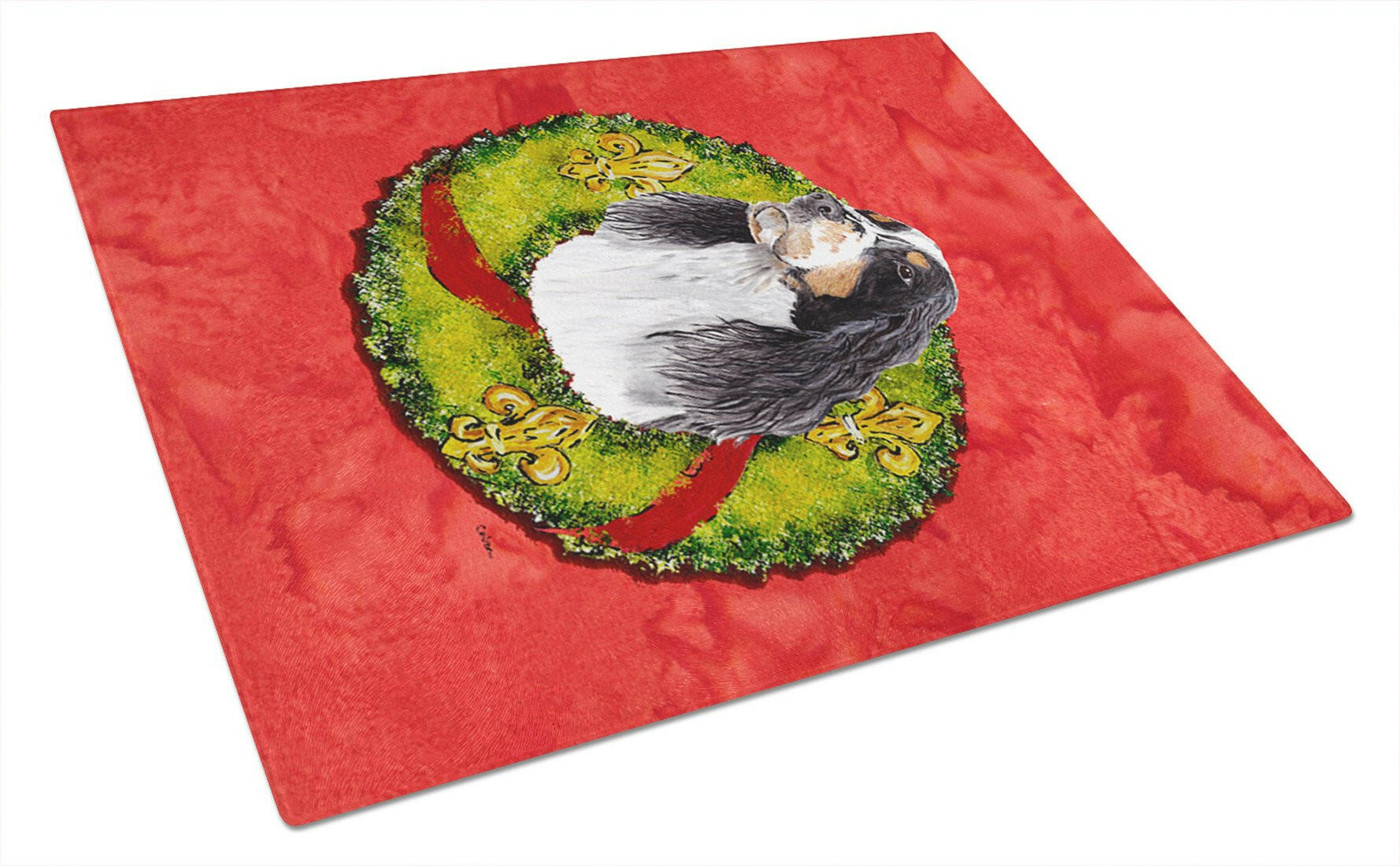 Springer Spaniel Christmas Wreath Cutting Board Tempered Glass Kitchen Cutting Surface, Heat Resistant Chopping, Non-Slip Feet, Food Prep & Serving