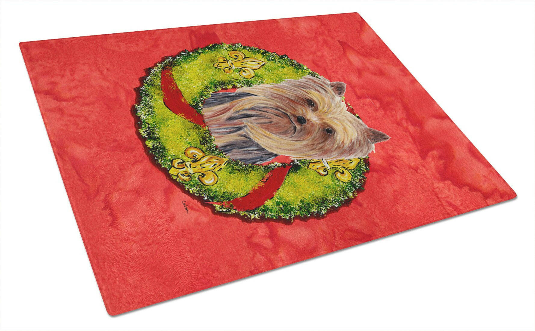 Yorkie Christmas Wreath Cutting Board Tempered Glass Kitchen Cutting Surface, Heat Resistant Chopping, Non-Slip Feet, Food Prep & Serving