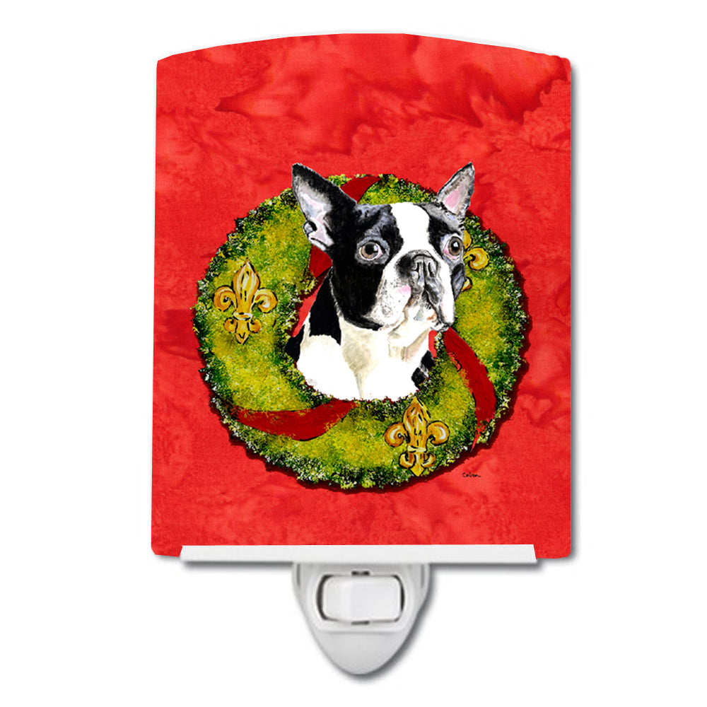 Boston Terrier Christmas Wreath Ceramic Night Light Compact, UL-Certified, Ideal for Bedroom, Bathroom, Nursery, Hallway, Kitchen, 6x4x3, Multicolor