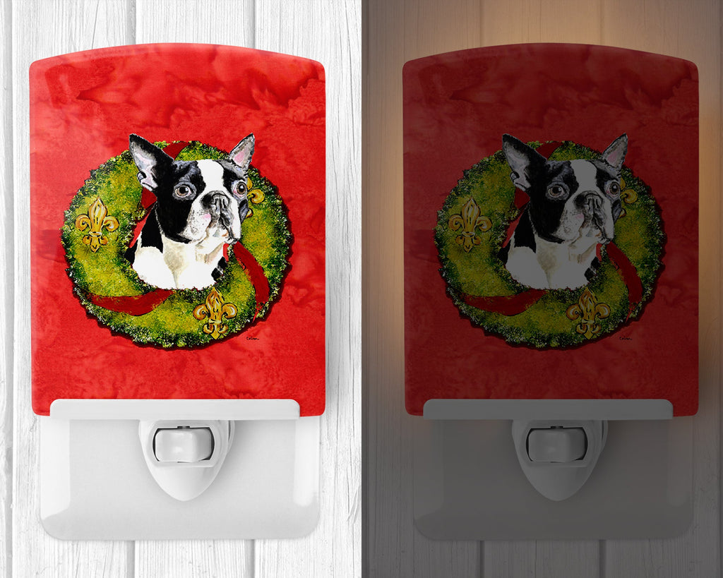 Boston Terrier Christmas Wreath Ceramic Night Light Compact, UL-Certified, Ideal for Bedroom, Bathroom, Nursery, Hallway, Kitchen, 6x4x3, Multicolor