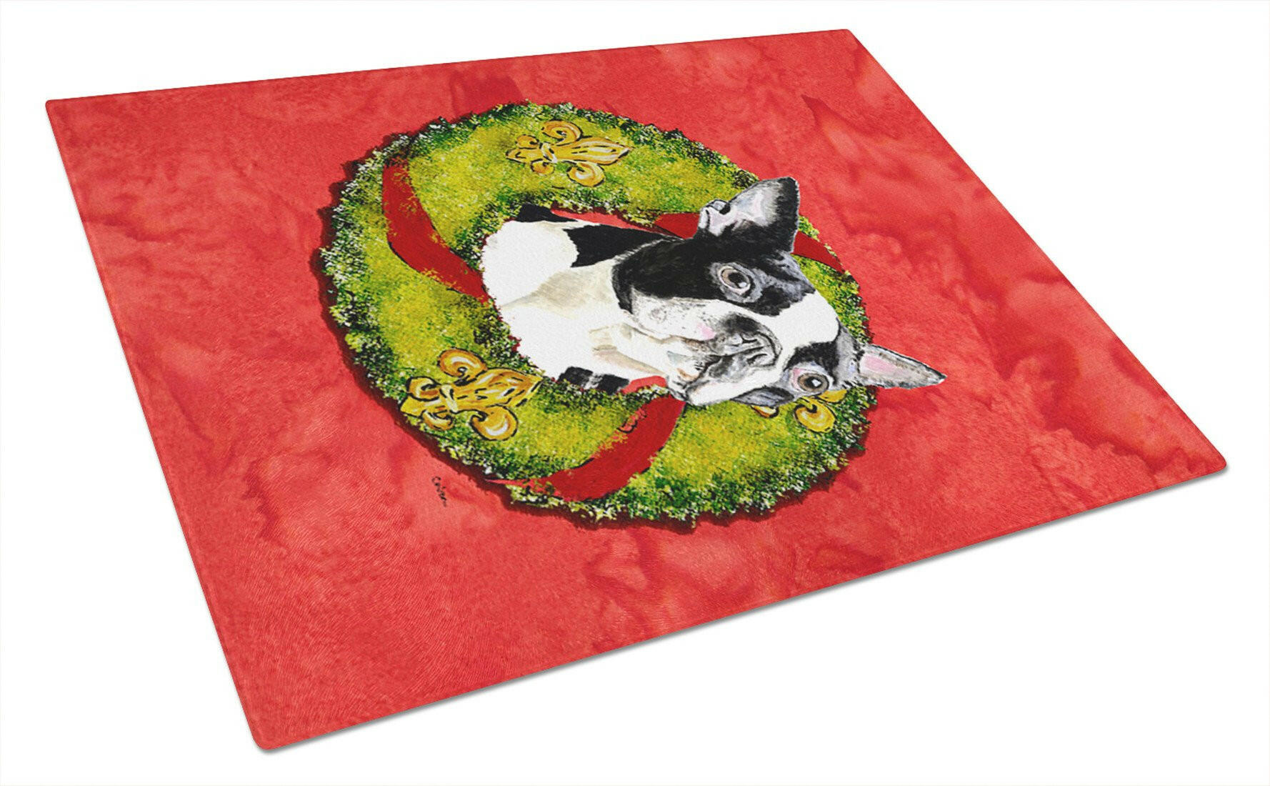 Boston Terrier Christmas Wreath Cutting Board Tempered Glass Kitchen Cutting Surface, Heat Resistant Chopping, Non-Slip Feet, Food Prep & Serving