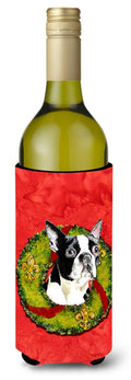 Boston Terrier Christmas Wreath Wine Bottle Hugger Gift Sleeve for Standard 750 ml Bottles, Insulated Reusable Also Fits Mini Shot & Pint Bottles