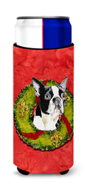 Boston Terrier Christmas Wreath Slim Can Hugger , Insulated Foam Hugger for 12 oz Slim Cans, Beer Bottles & Water Bottles, Printed in USA