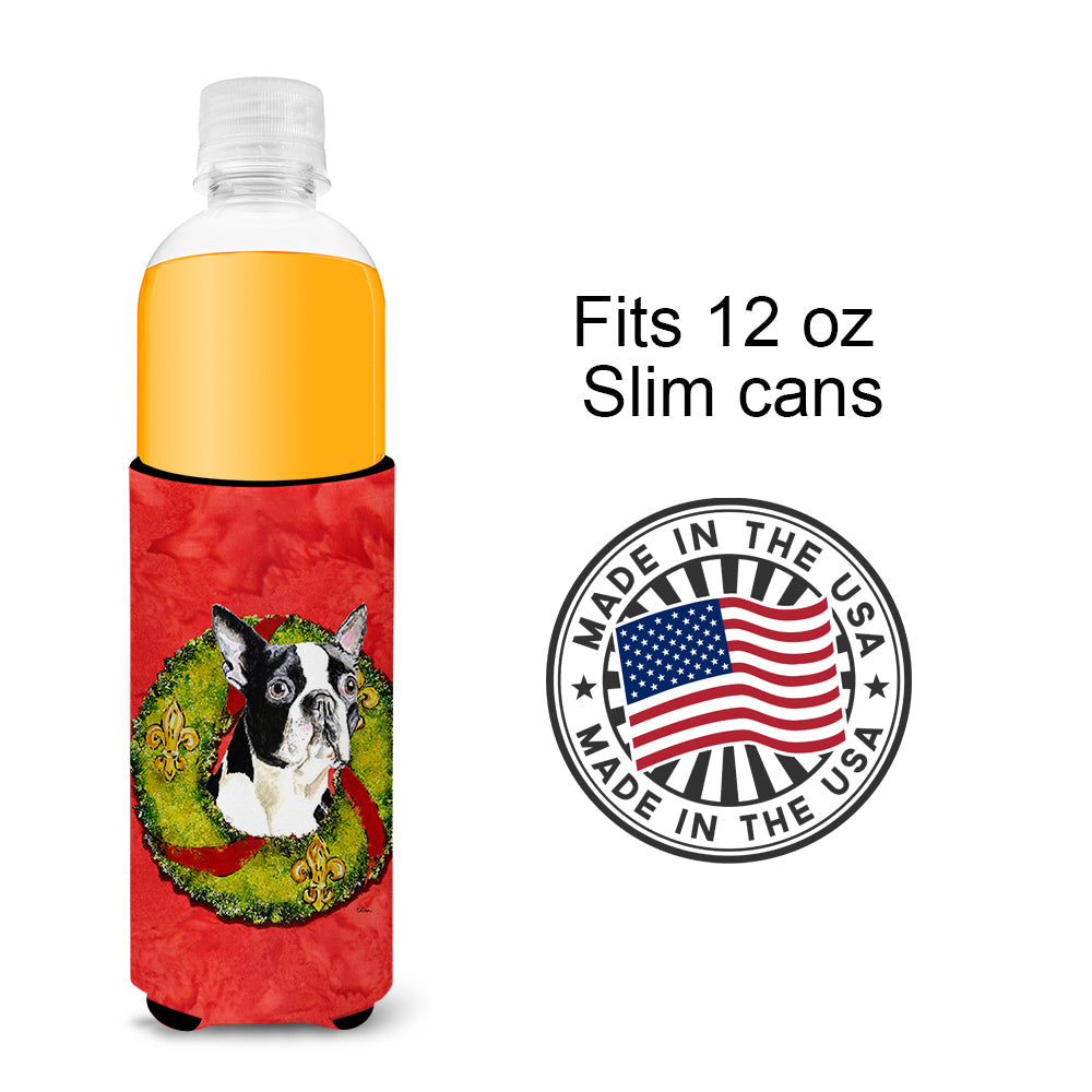 Boston Terrier Christmas Wreath Slim Can Hugger , Insulated Foam Hugger for 12 oz Slim Cans, Beer Bottles & Water Bottles, Printed in USA