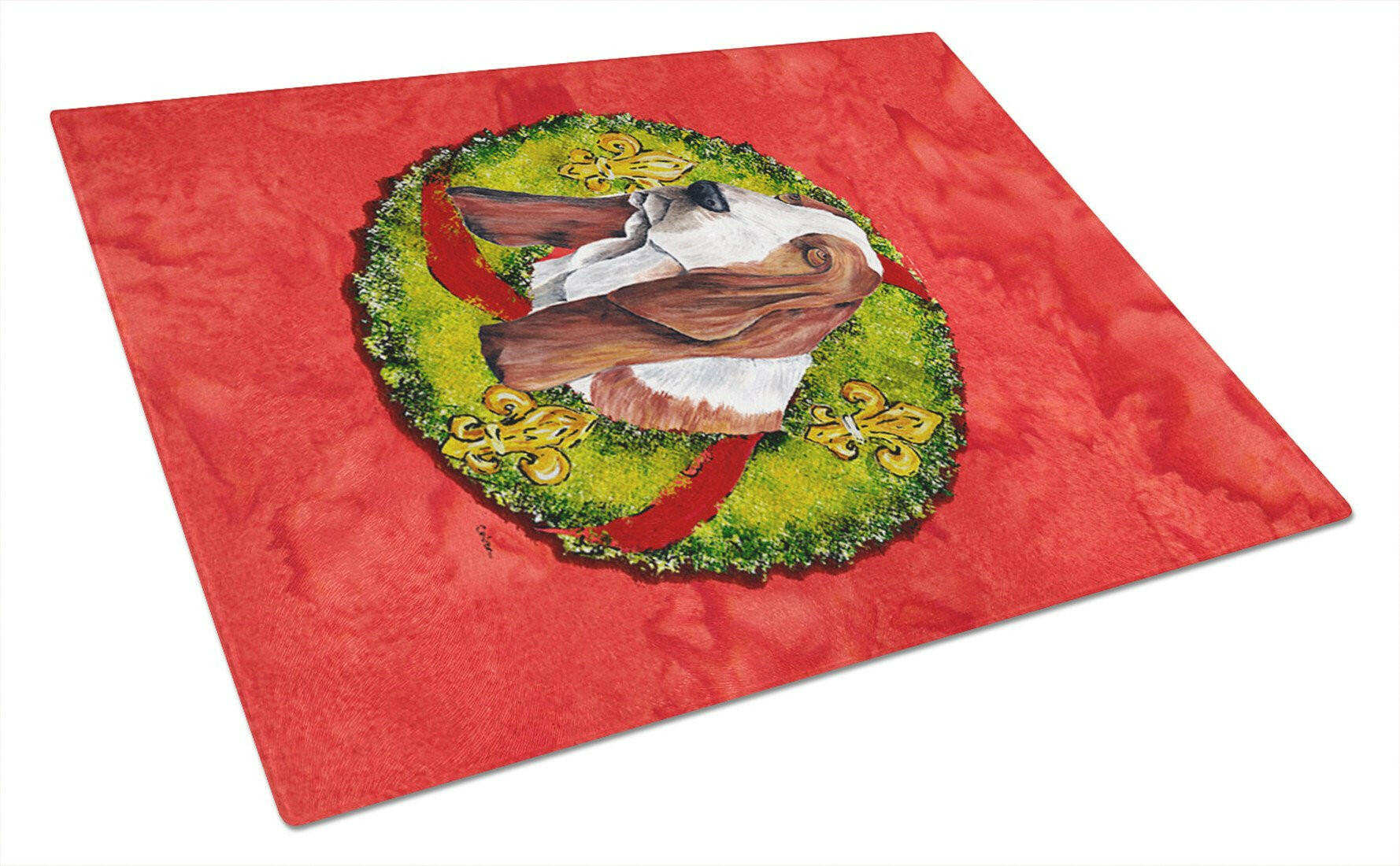 Basset Hound Christmas Wreath Cutting Board Tempered Glass Kitchen Cutting Surface, Heat Resistant Chopping, Non-Slip Feet, Food Prep & Serving