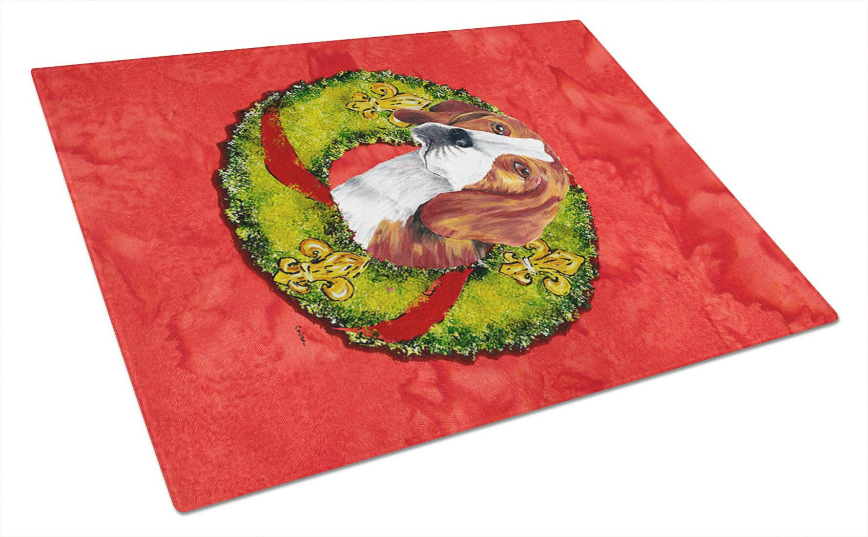 Beagle Christmas Wreath Cutting Board Tempered Glass Kitchen Cutting Surface, Heat Resistant Chopping, Non-Slip Feet, Food Prep & Serving