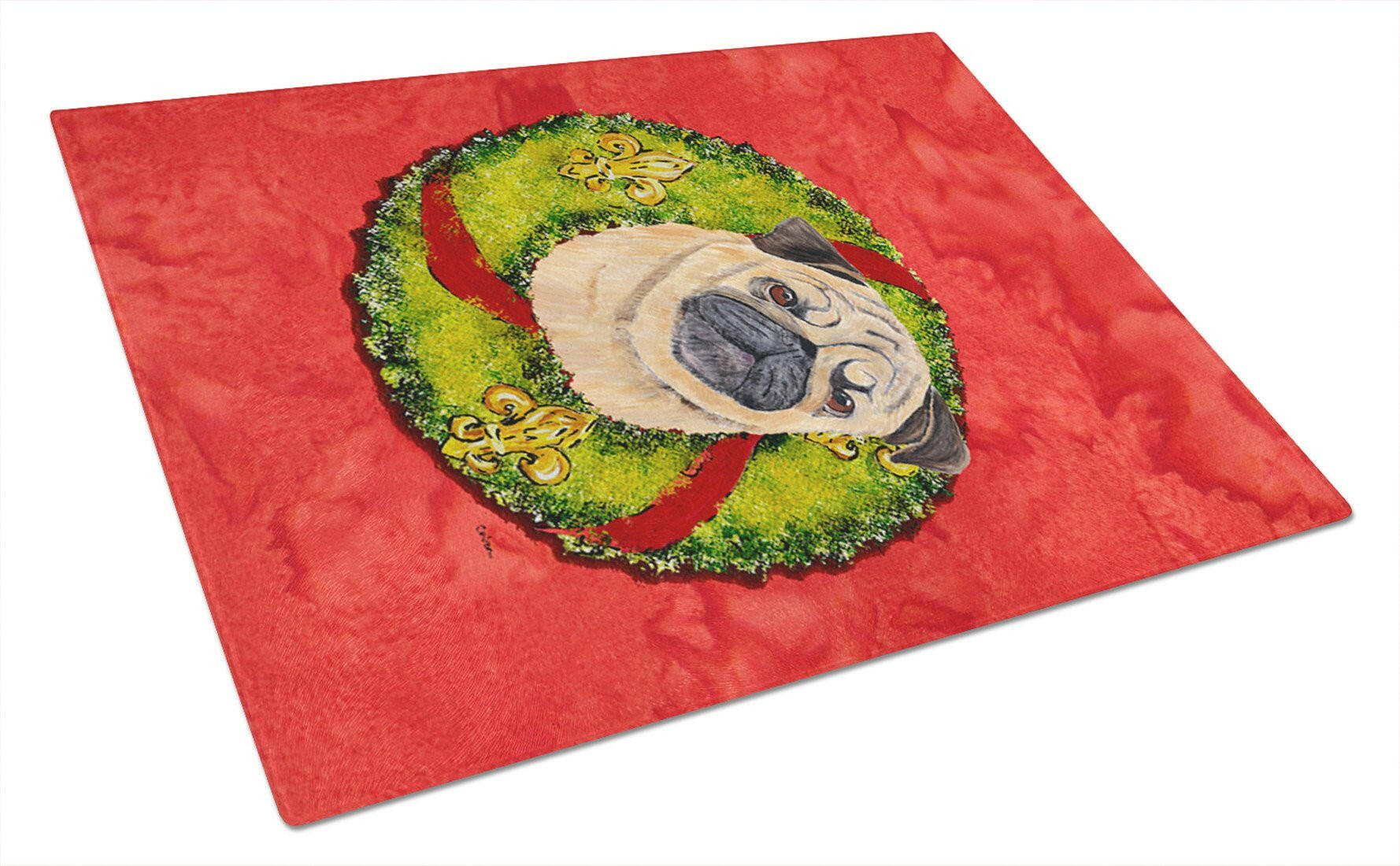 Pug Christmas Wreath Cutting Board Tempered Glass Kitchen Cutting Surface, Heat Resistant Chopping, Non-Slip Feet, Food Prep & Serving