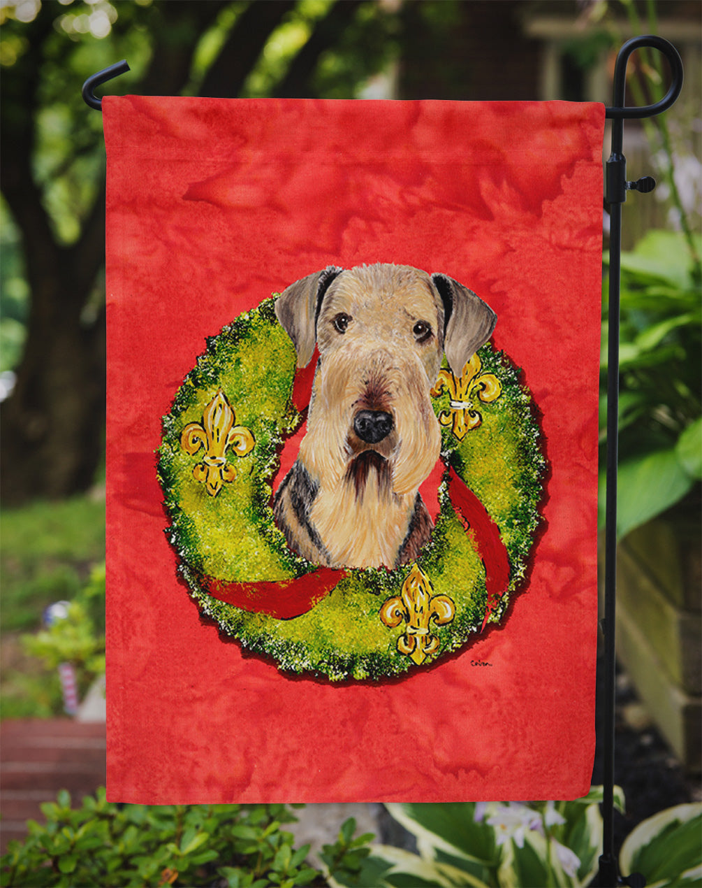 Airedale Christmas Wreath Garden Flag Mailbox Decorative Yard Banner Outside Patio Artwork for Flower Beds, Garden Size, Multicolor