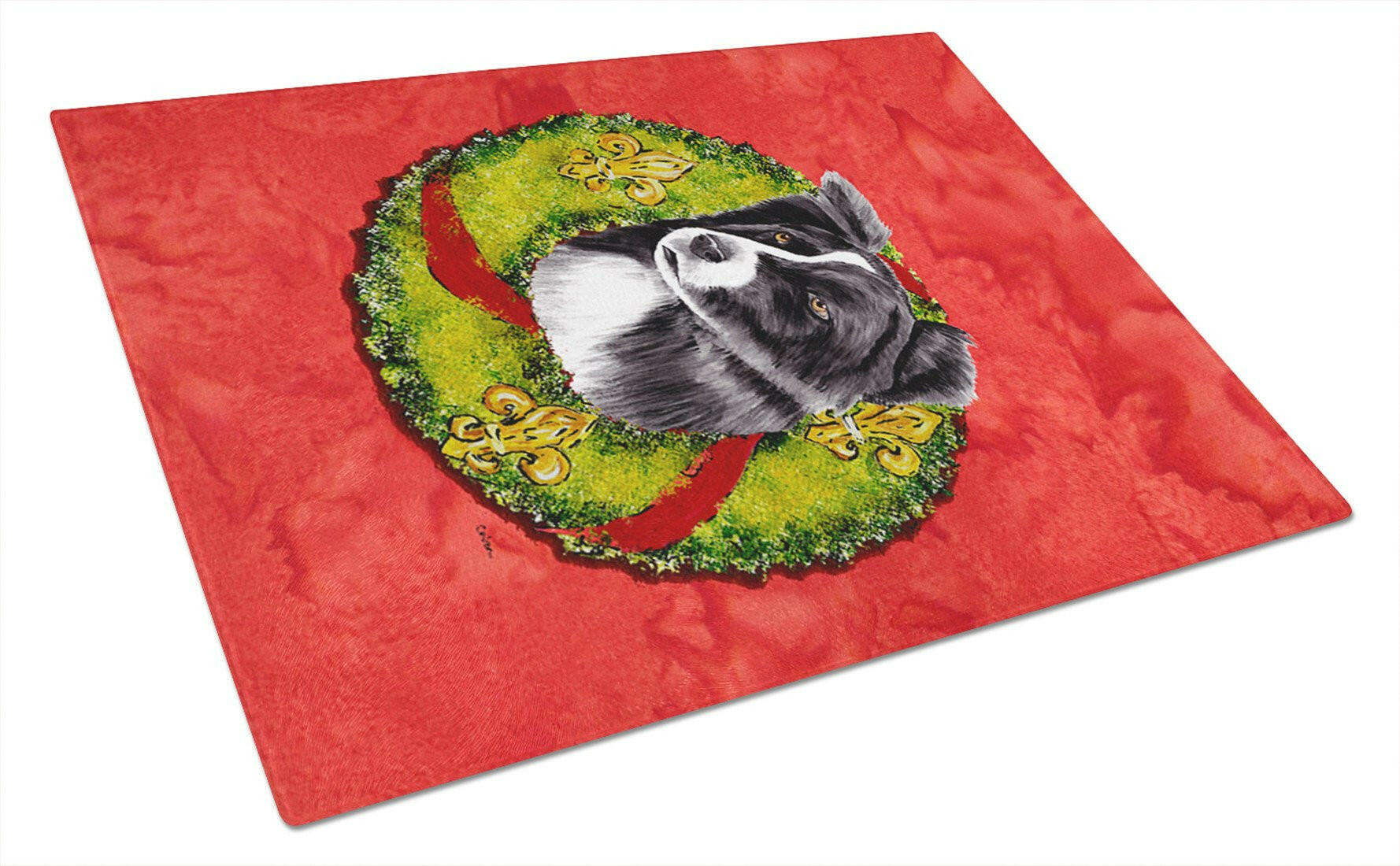 Border Collie Christmas Wreath Cutting Board Tempered Glass Kitchen Cutting Surface, Heat Resistant Chopping, Non-Slip Feet, Food Prep & Serving