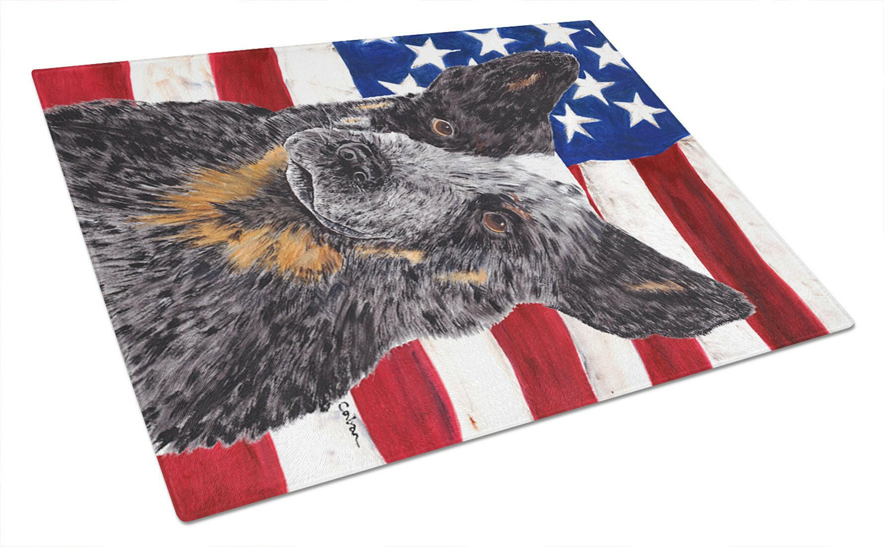 USA American Flag with Australian Cattle Dog Cutting Board Tempered Glass Kitchen Cutting Surface, Heat Resistant Chopping, Non-Slip Feet, Food Prep & Serving