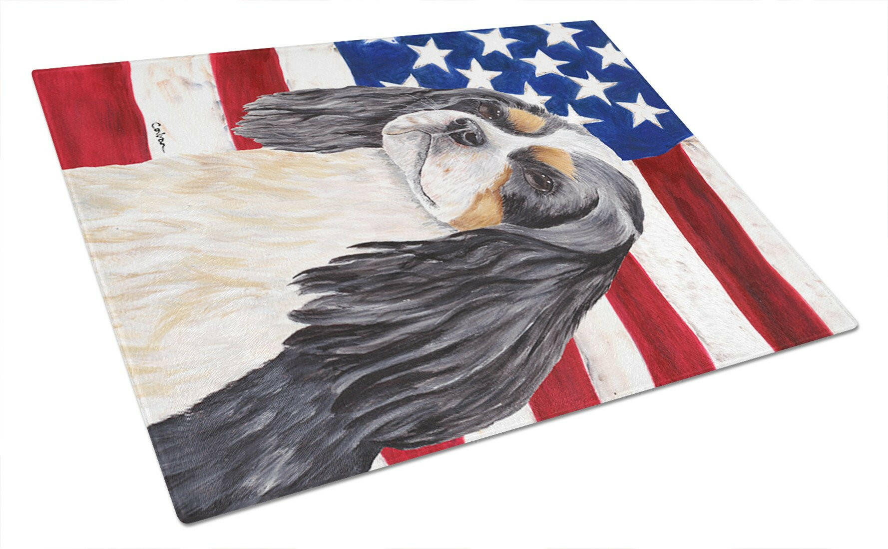 USA American Flag with Cavalier Spaniel Cutting Board Tempered Glass Kitchen Cutting Surface, Heat Resistant Chopping, Non-Slip Feet, Food Prep & Serving