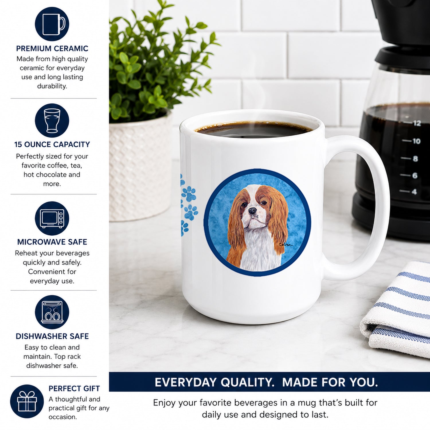 Blue Cavalier Spaniel Ceramic Coffee Mug 15 oz Decorative Large C Handle Mug Cup for Tea, Cocoa Hot Chocolate