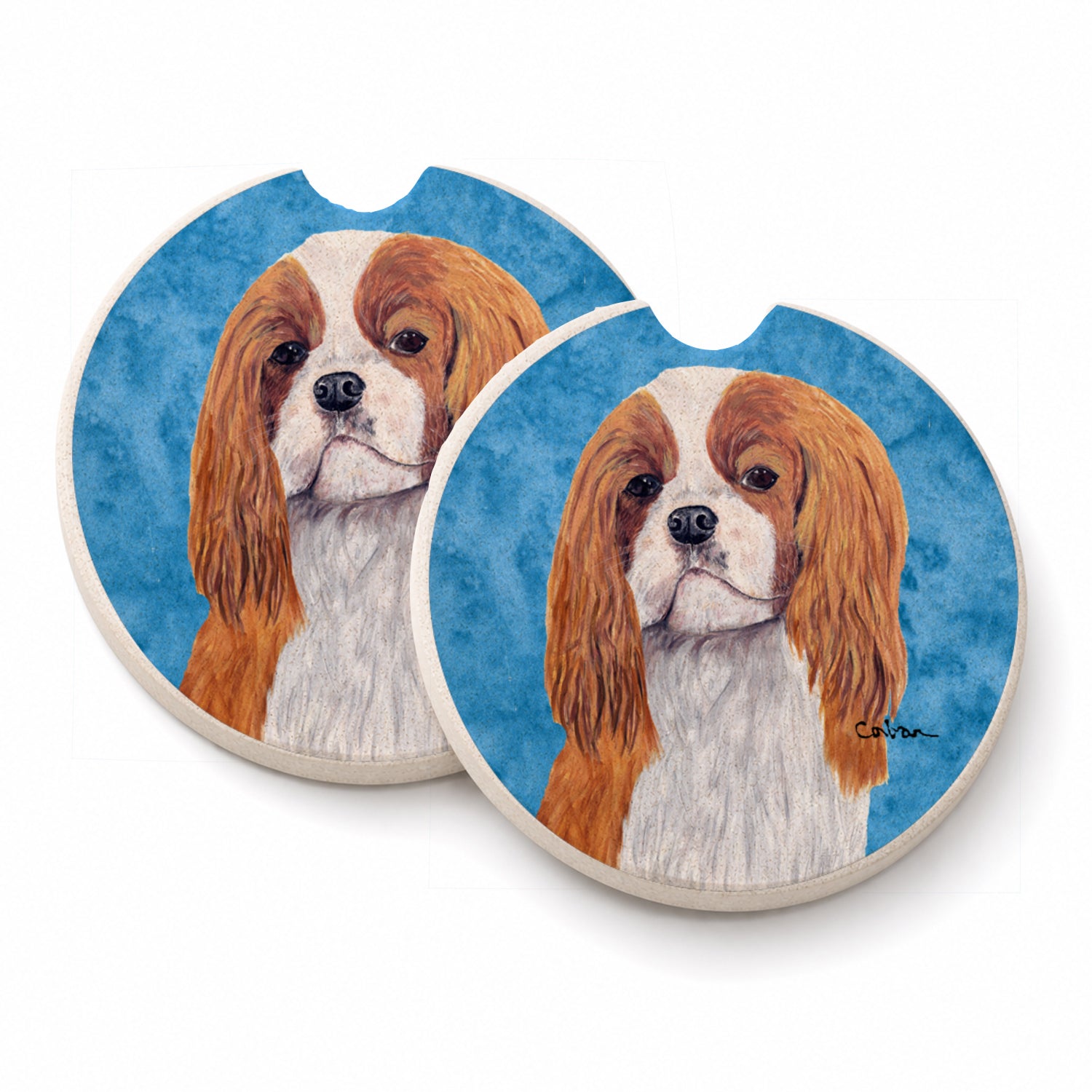 Blue Cavalier Spaniel Set of 2 Cup Holder Car Coasters Absorbent Round Sandstone Coasters Gifts for Men or Women, 2.5, Multicolor