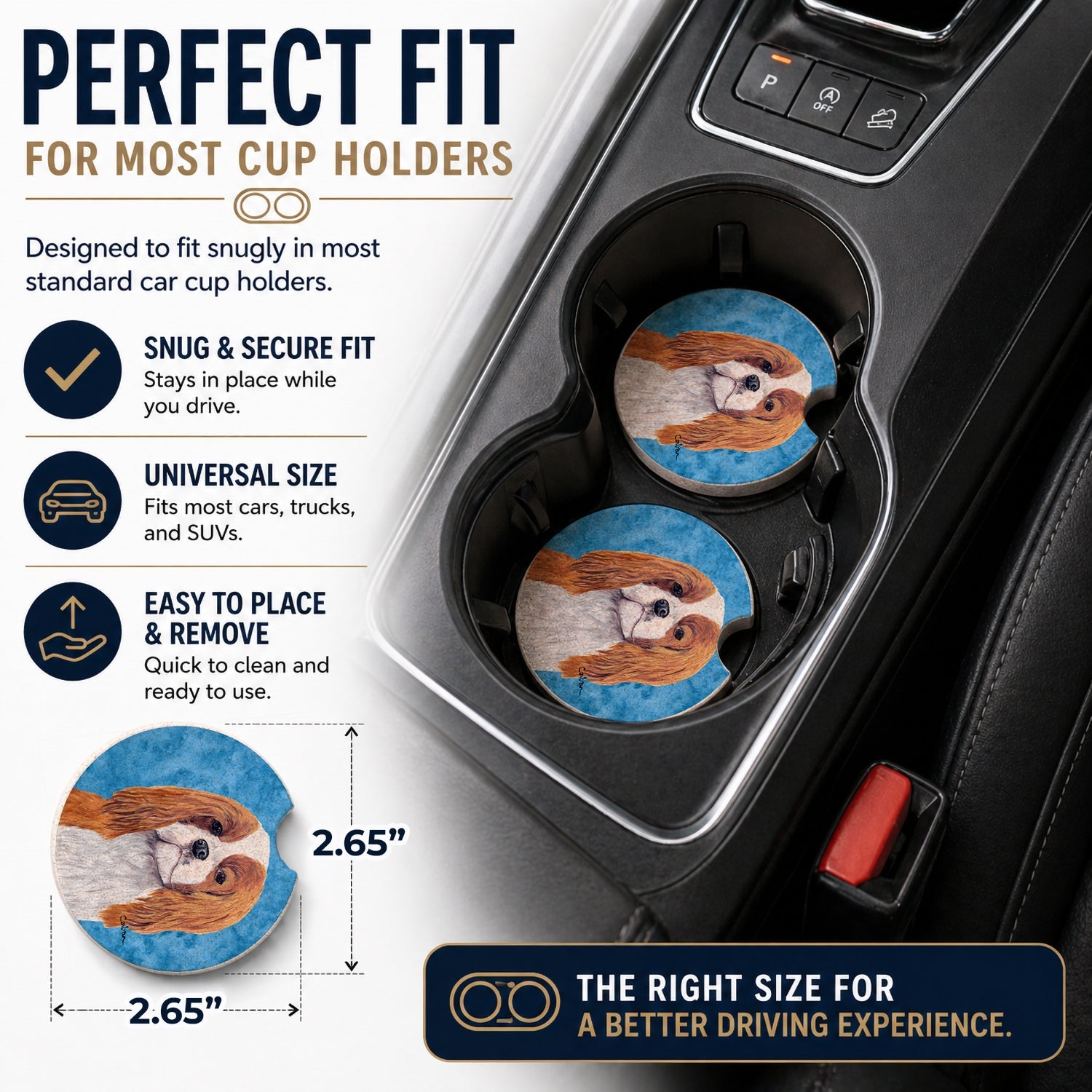 Blue Cavalier Spaniel Set of 2 Cup Holder Car Coasters Absorbent Round Sandstone Coasters Gifts for Men or Women, 2.5, Multicolor