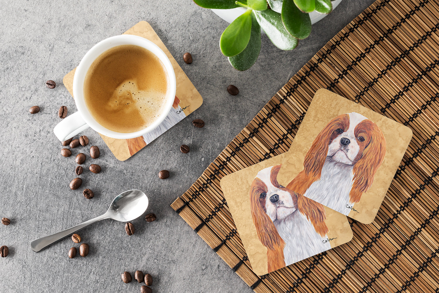 Cavalier Spaniel Wipe your Paws Foam Coasters Set of 4 Cup Coasters for Indoor Outdoor, Tabletop Protection, Anti Slip, Mouse pad Material