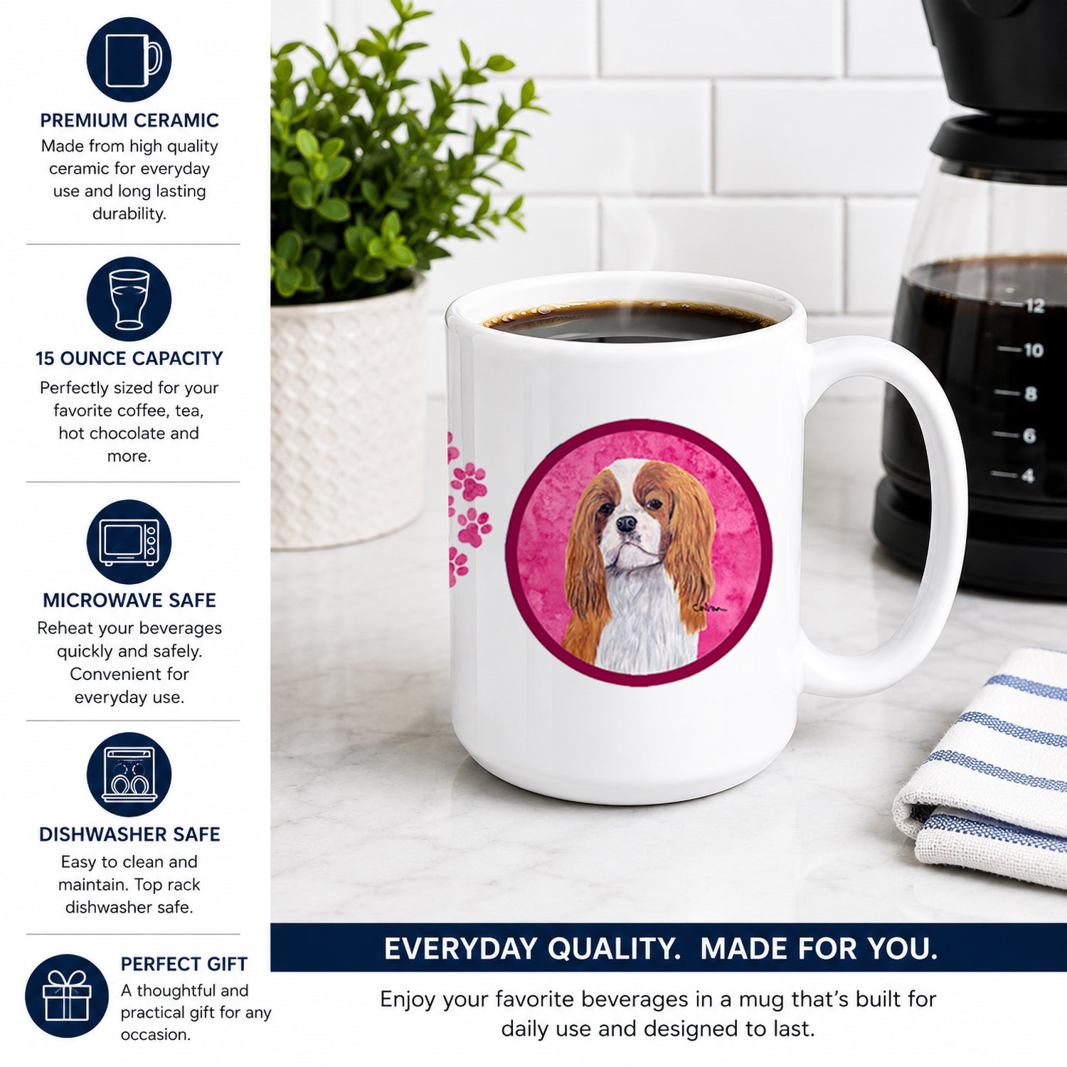 Pink Cavalier Spaniel Ceramic Coffee Mug 15 oz Decorative Large C Handle Mug Cup for Tea, Cocoa Hot Chocolate