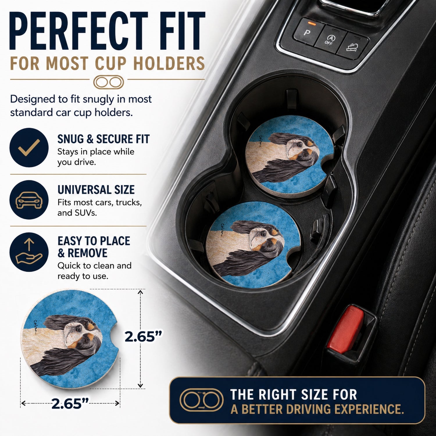 Blue Cavalier Spaniel Set of 2 Cup Holder Car Coasters Absorbent Round Sandstone Coasters Gifts for Men or Women, 2.5, Multicolor