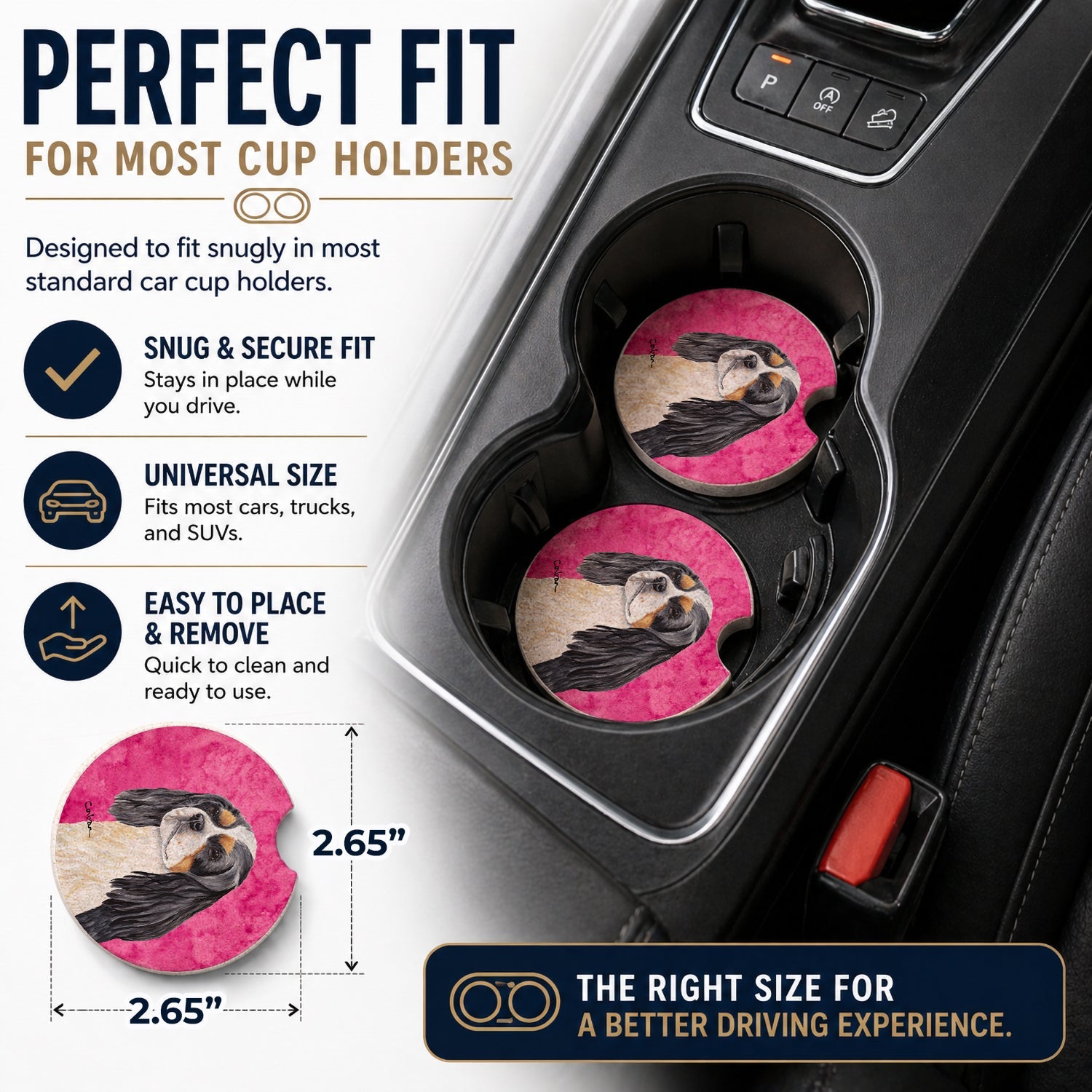 Pink Cavalier Spaniel Set of 2 Cup Holder Car Coasters Absorbent Round Sandstone Coasters Gifts for Men or Women, 2.5, Multicolor