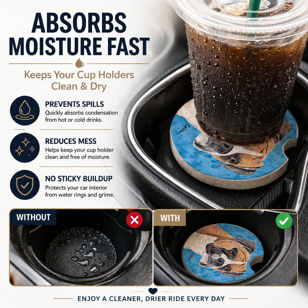 Blue Boxer Set of 2 Cup Holder Car Coasters Absorbent Round Sandstone Coasters Gifts for Men or Women, 2.5, Multicolor