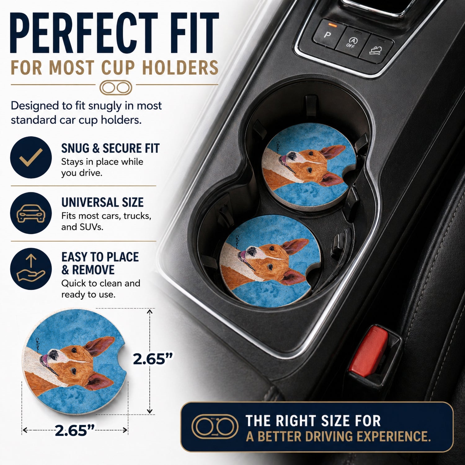 Blue Basenji Set of 2 Cup Holder Car Coasters Absorbent Round Sandstone Coasters Gifts for Men or Women, 2.5, Multicolor