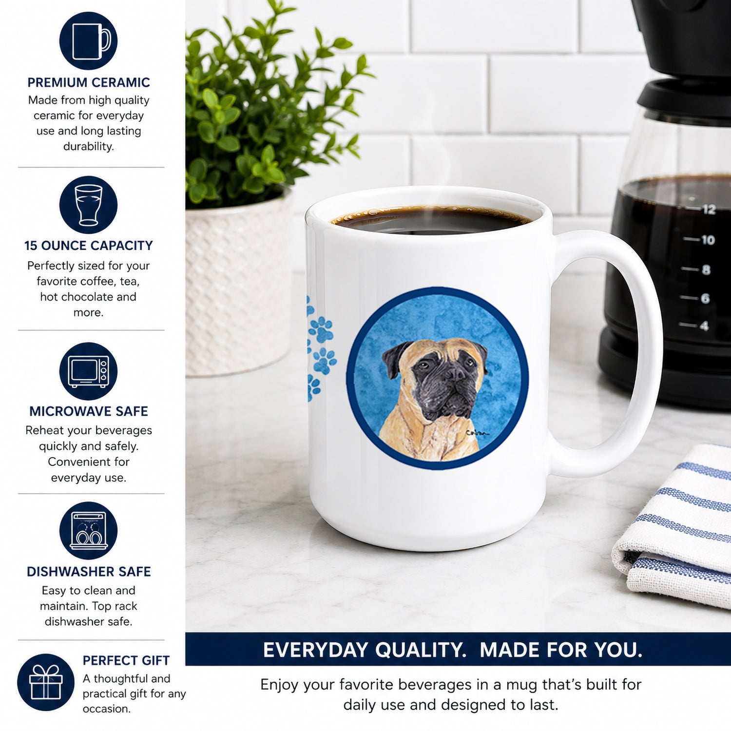 Blue Mastiff Ceramic Coffee Mug 15 oz Decorative Large C Handle Mug Cup for Tea, Cocoa Hot Chocolate