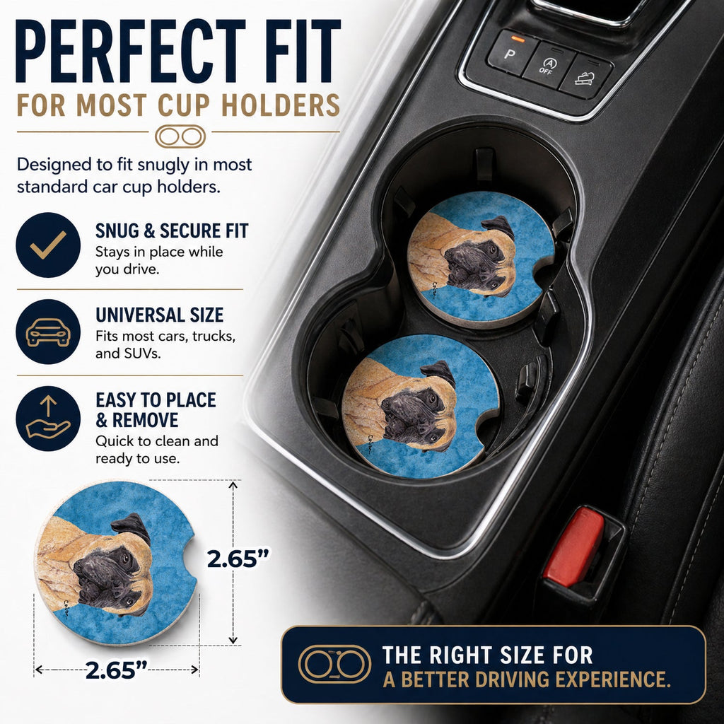 Blue Mastiff Set of 2 Cup Holder Car Coasters Absorbent Round Sandstone Coasters Gifts for Men or Women, 2.5, Multicolor