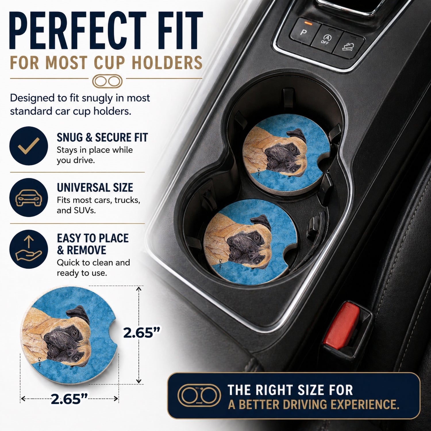 Blue Mastiff Set of 2 Cup Holder Car Coasters Absorbent Round Sandstone Coasters Gifts for Men or Women, 2.5, Multicolor