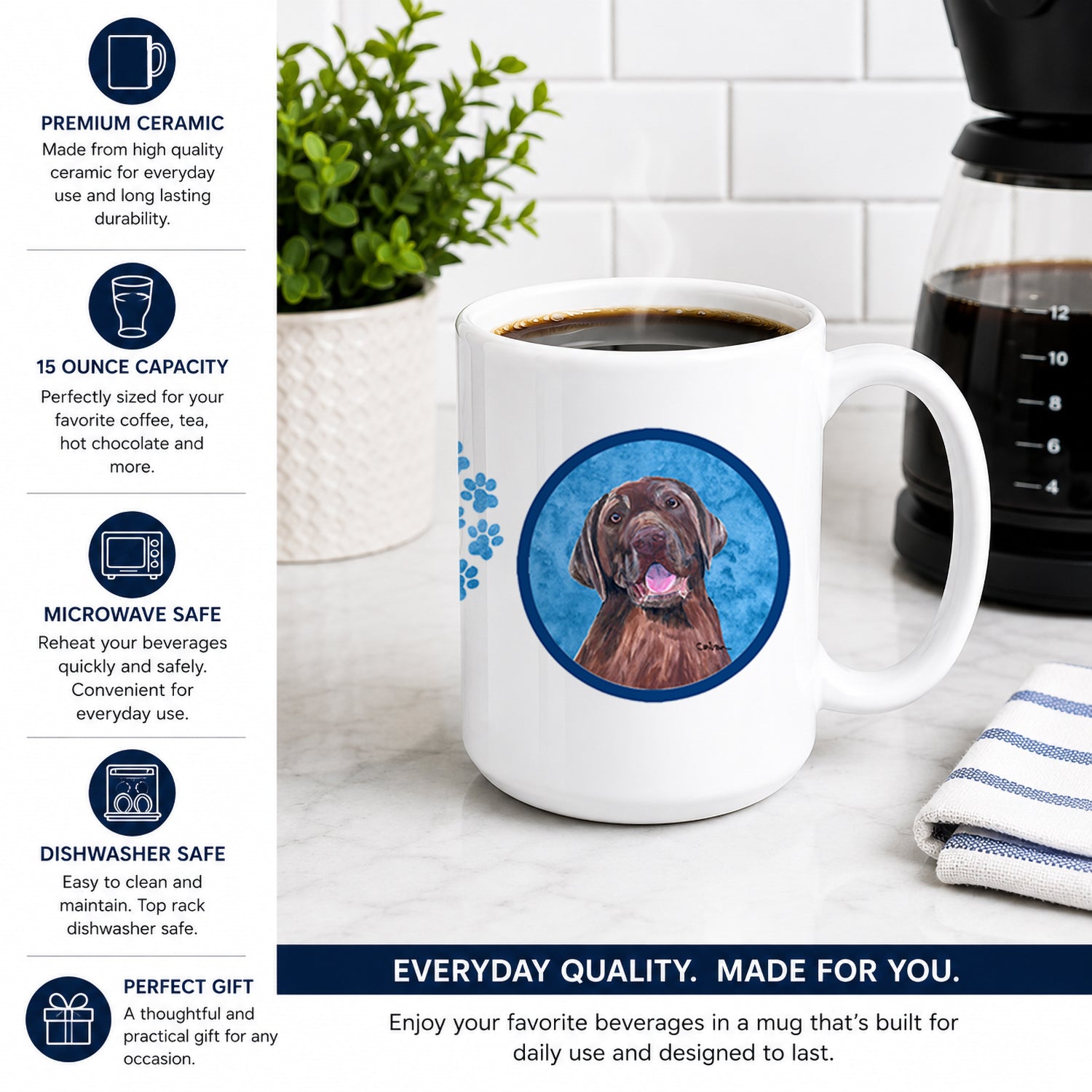 Blue Labrador Ceramic Coffee Mug 15 oz Decorative Large C Handle Mug Cup for Tea, Cocoa Hot Chocolate