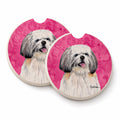 Pink Shih Tzu Set of 2 Cup Holder Car Coasters Absorbent Round Sandstone Coasters Gifts for Men or Women, 2.5, Multicolor