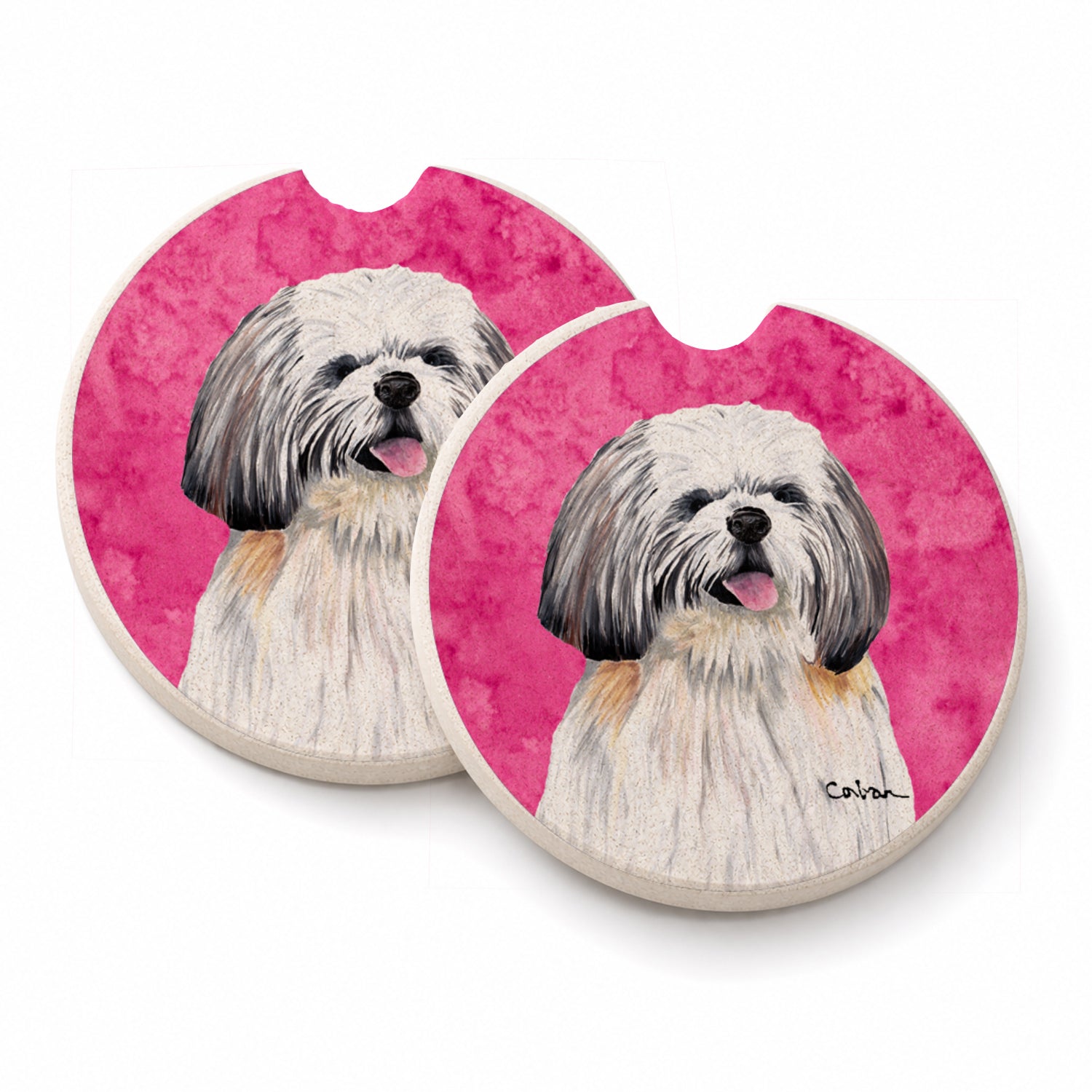 Pink Shih Tzu Set of 2 Cup Holder Car Coasters Absorbent Round Sandstone Coasters Gifts for Men or Women, 2.5, Multicolor