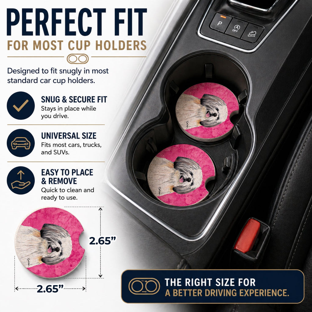 Pink Shih Tzu Set of 2 Cup Holder Car Coasters Absorbent Round Sandstone Coasters Gifts for Men or Women, 2.5, Multicolor