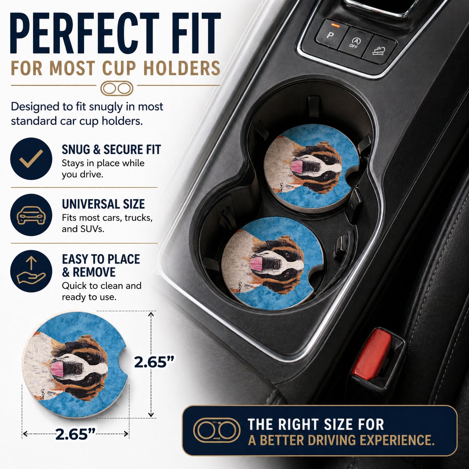Blue Saint Bernard Set of 2 Cup Holder Car Coasters Absorbent Round Sandstone Coasters Gifts for Men or Women, 2.5, Multicolor