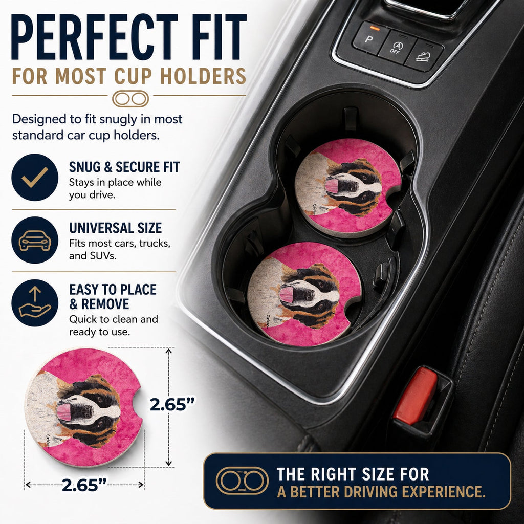 Pink Saint Bernard Set of 2 Cup Holder Car Coasters Absorbent Round Sandstone Coasters Gifts for Men or Women, 2.5, Multicolor