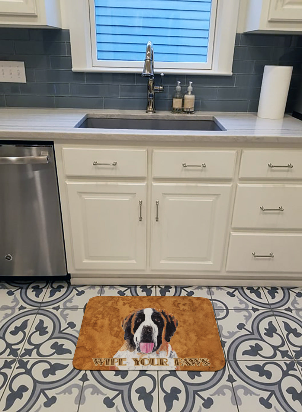 Saint Bernard Wipe your Paws Memory Foam Kitchen Mat Machine Washable Anti-Fatigue Cushion Comfort Bath or Kitchen Rug