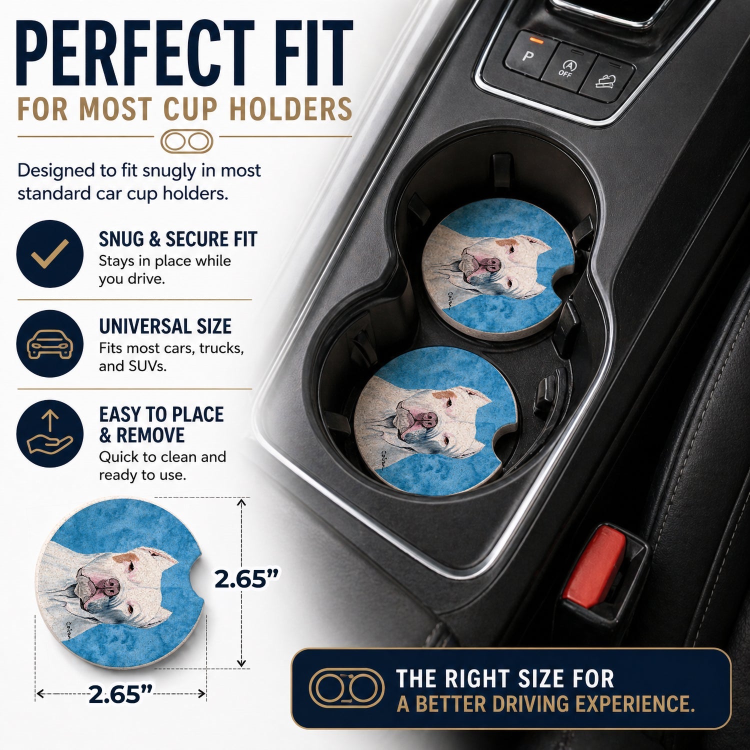 Blue Pit Bull Set of 2 Cup Holder Car Coasters Absorbent Round Sandstone Coasters Gifts for Men or Women, 2.5, Multicolor