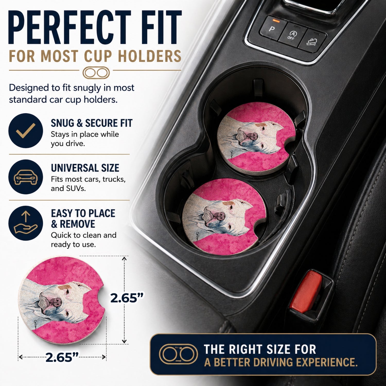 Pink Pit Bull Set of 2 Cup Holder Car Coasters Absorbent Round Sandstone Coasters Gifts for Men or Women, 2.5, Multicolor