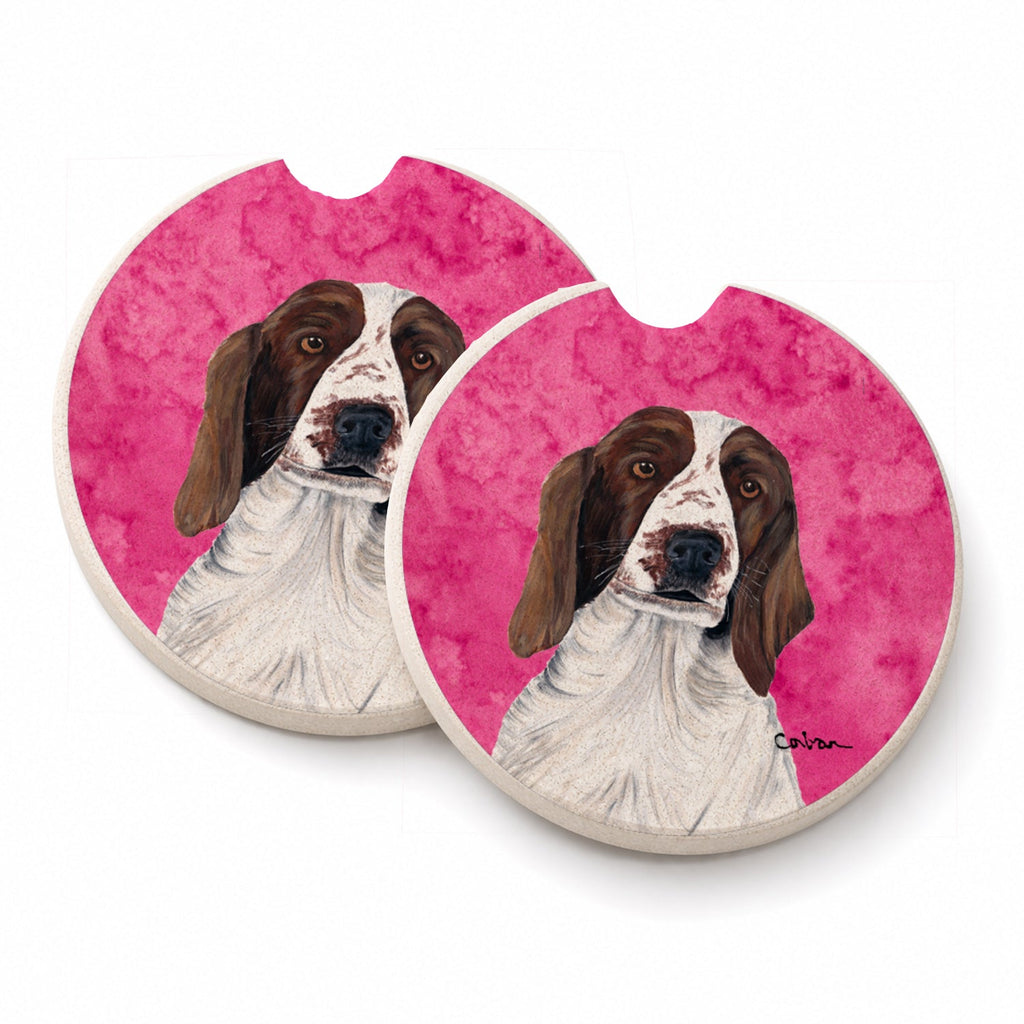 Pink Springer Spaniel Set of 2 Cup Holder Car Coasters Absorbent Round Sandstone Coasters Gifts for Men or Women, 2.5, Multicolor