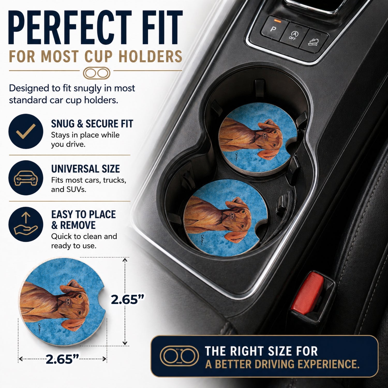 Blue Vizsla Set of 2 Cup Holder Car Coasters Absorbent Round Sandstone Coasters Gifts for Men or Women, 2.5, Multicolor