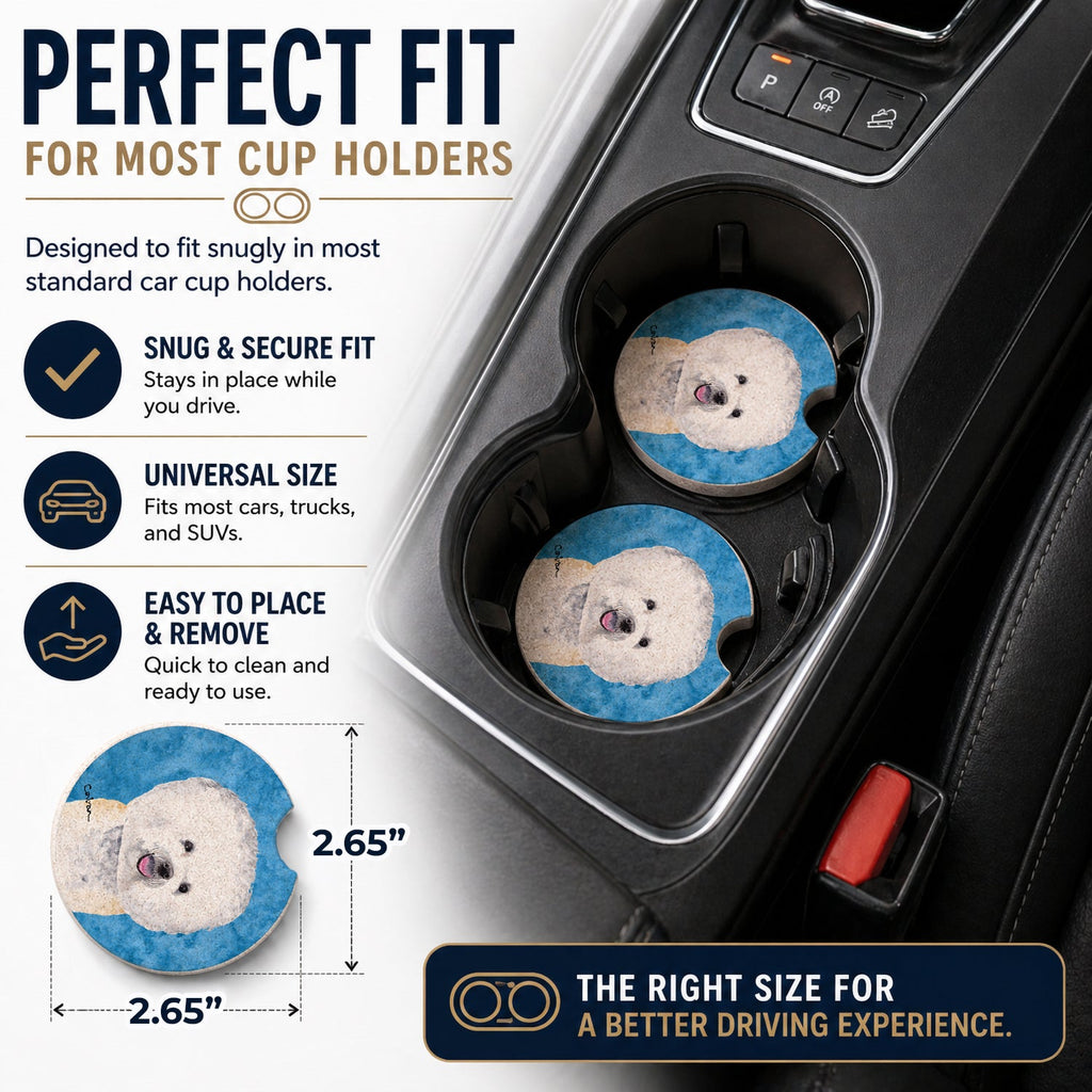 Blue Bichon Frise Set of 2 Cup Holder Car Coasters Absorbent Round Sandstone Coasters Gifts for Men or Women, 2.5, Multicolor